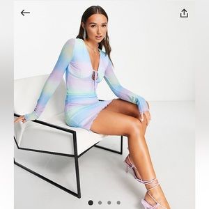 Mesh long sleeve mini dress in ombre light blue, new with tags on.